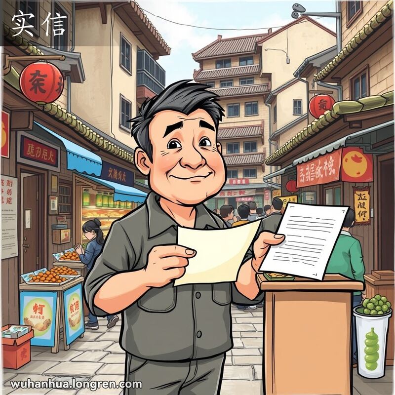 一位中年男子在武汉街头手持纸张，神情严肃真诚，背景是繁忙的市场和老建筑