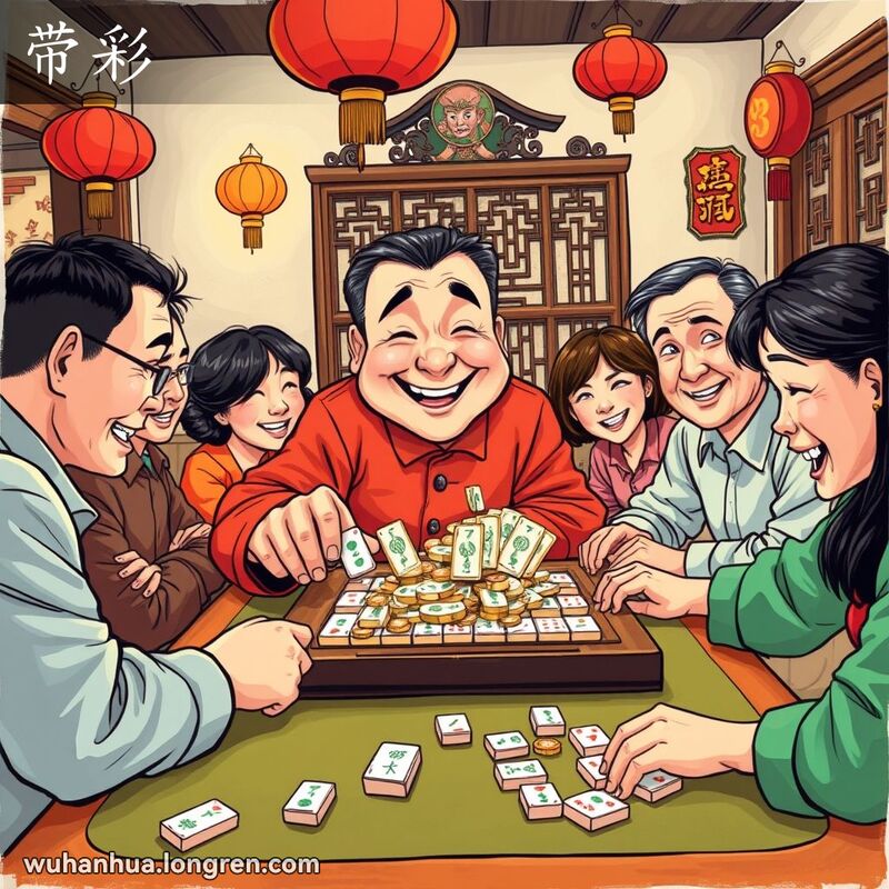 一群朋友围坐在麻将桌旁，一位中年男子正在放下赌注，背景是传统的中国装饰