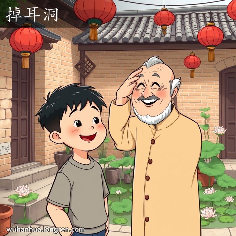 一位年轻的男孩在武汉庭院中，旁边是他的叔叔，男孩仰望叔叔，叔叔温柔地抚摸男孩的头，背景有红砖墙、荷花池和红灯笼。