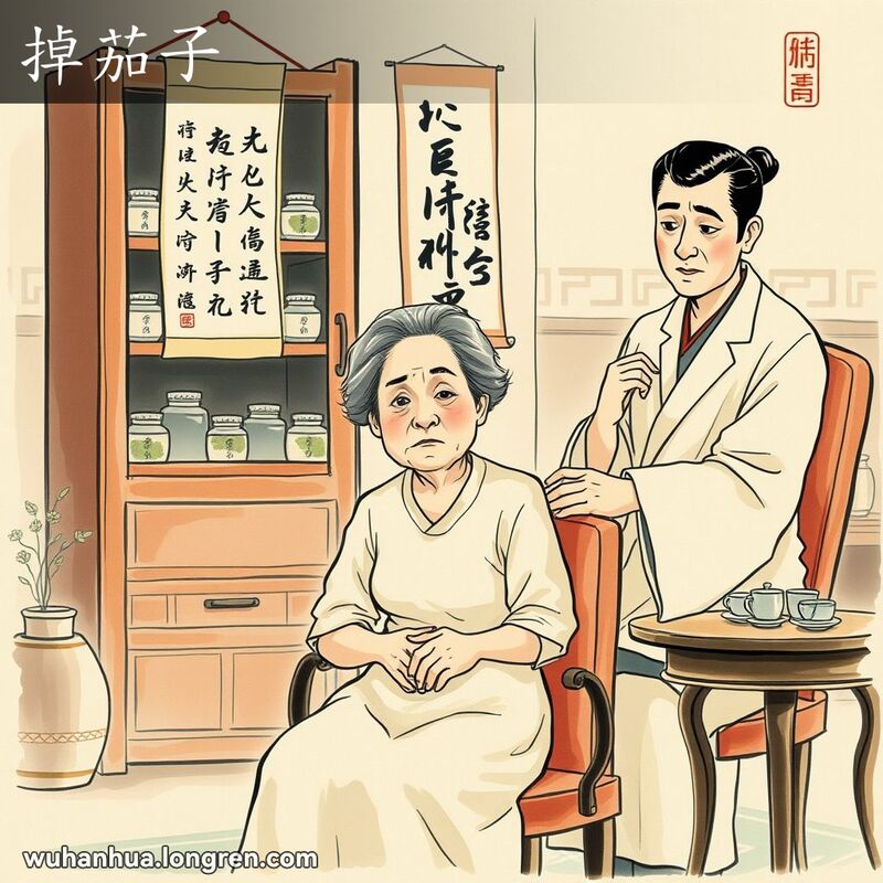 一位中年妇女在中医诊所接受诊断，神情忧虑，背景有草药柜和书法作品
