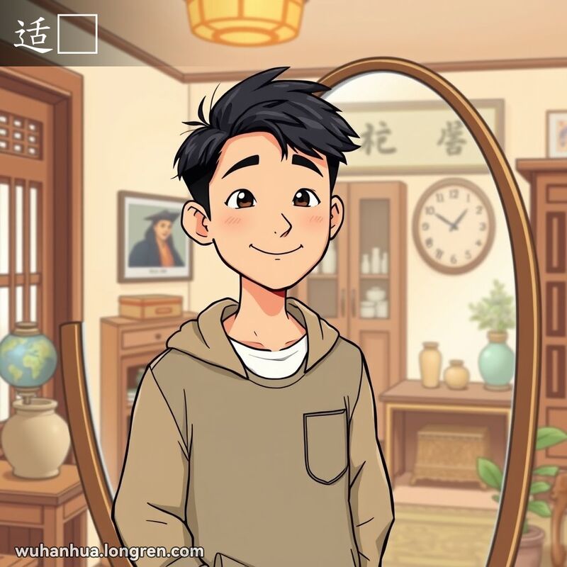 一位武汉年轻人站在镜子前，欣赏自己匀称的五官，背景是温馨的武汉传统房间