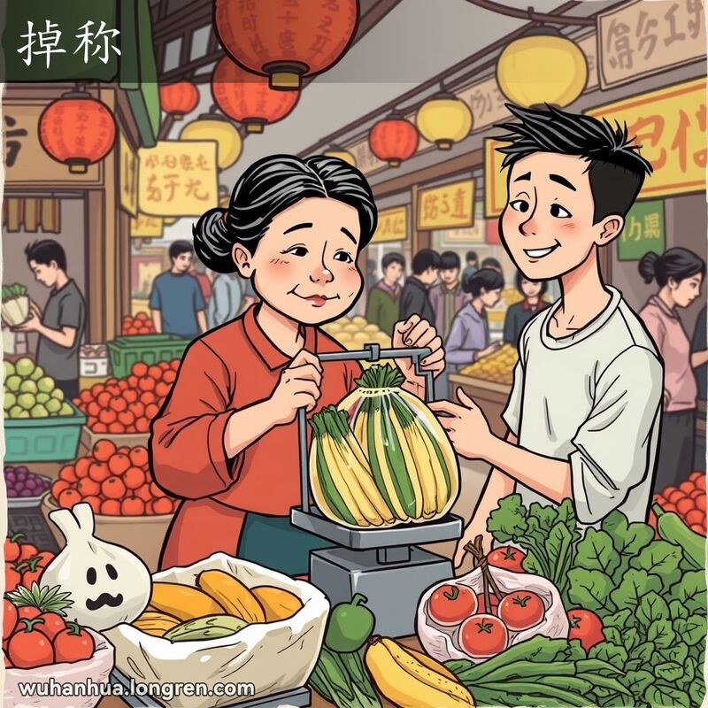 一位中年妇女在武汉市场摊位后称量蔬菜，顾客满意地看着秤，背景是繁忙的市场