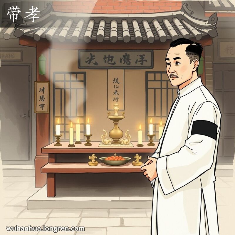 一位武汉男子身穿孝服，左袖佩戴黑纱，站在祭坛前，表情肃穆，背景是武汉老街景