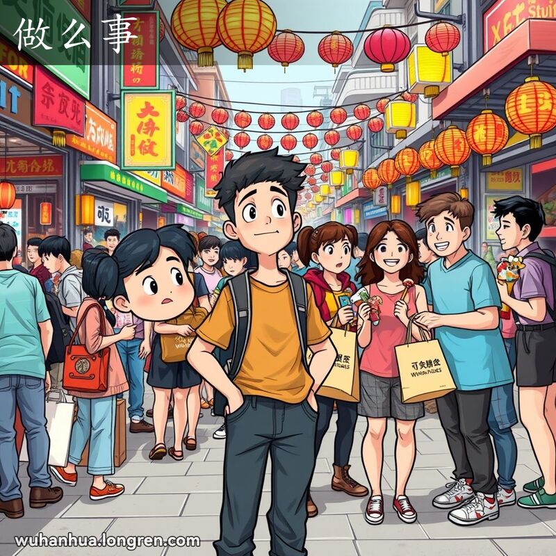 一群人在武汉街头市场，一个人露出困惑表情，观察朋友们在做什么，背景是热闹的街头摊位和人群