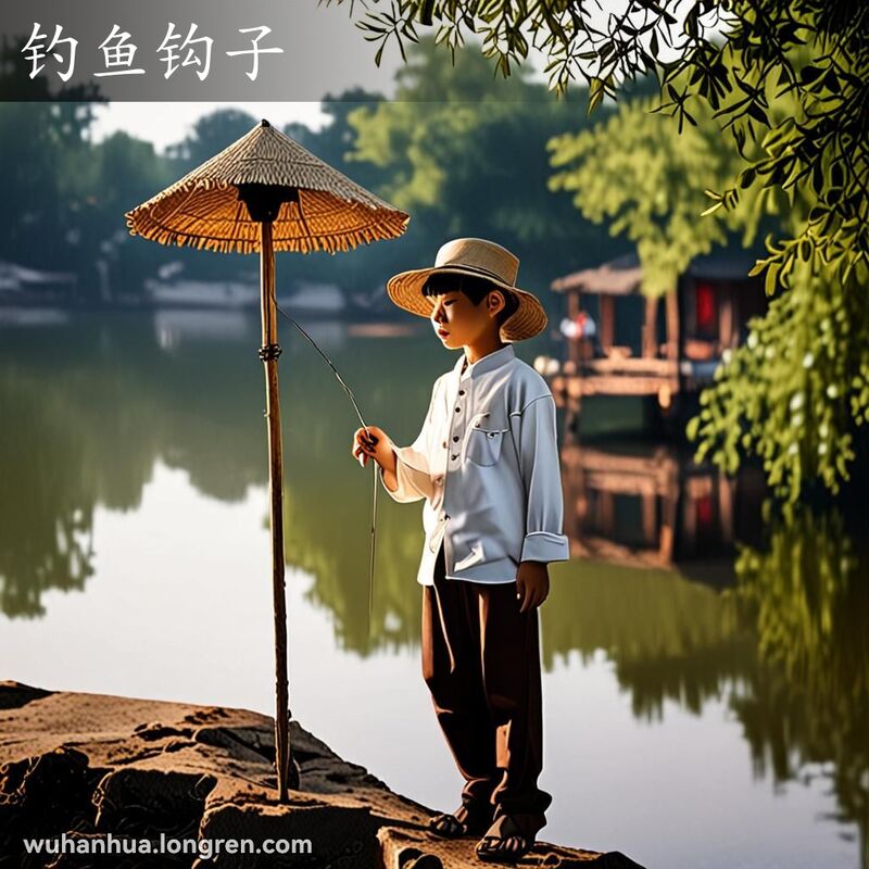 一位武汉小男孩站在湖边钓鱼，鱼竿上挂着闪亮的鱼钩，背景是宁静的湖景和绿意盎然的环境。