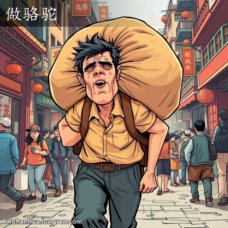 一位武汉市民背着沉重的负担，像骆驼一样驼背，满头大汗，脸上露出疲惫不堪的表情，背景是武汉繁忙的街道