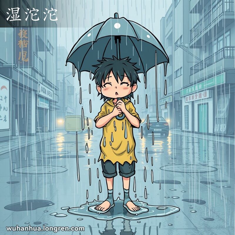 一个人在大雨中全身湿透，衣服和头发上不断滴水，手中的雨伞几乎起不到任何遮挡作用，鞋子里也灌满了水，背景是武汉市区的一条街道，地面上到处是水坑，雨水飞溅。