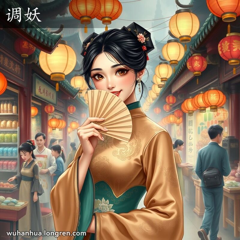 一位年轻女子在传统市场中，手持扇子，展现撒娇的表情，背景是热闹的市场景象。