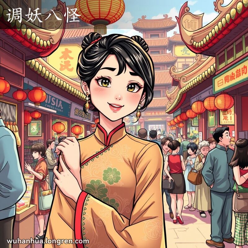 一位年轻女子在武汉市场中撒娇，拽着男子的衣袖，男子露出无奈的表情，背景是色彩斑斓的市场摊位和传统建筑