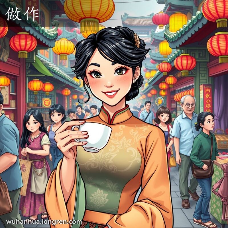 一位年轻女子在武汉市场中装模作样地喝茶，表情夸张，背景是热闹的市场和摊贩。