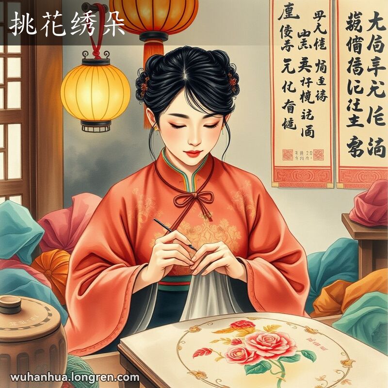 一位年轻女子在传统装饰的房间里专注于刺绣，展示了“挑花绣朵”的场景。