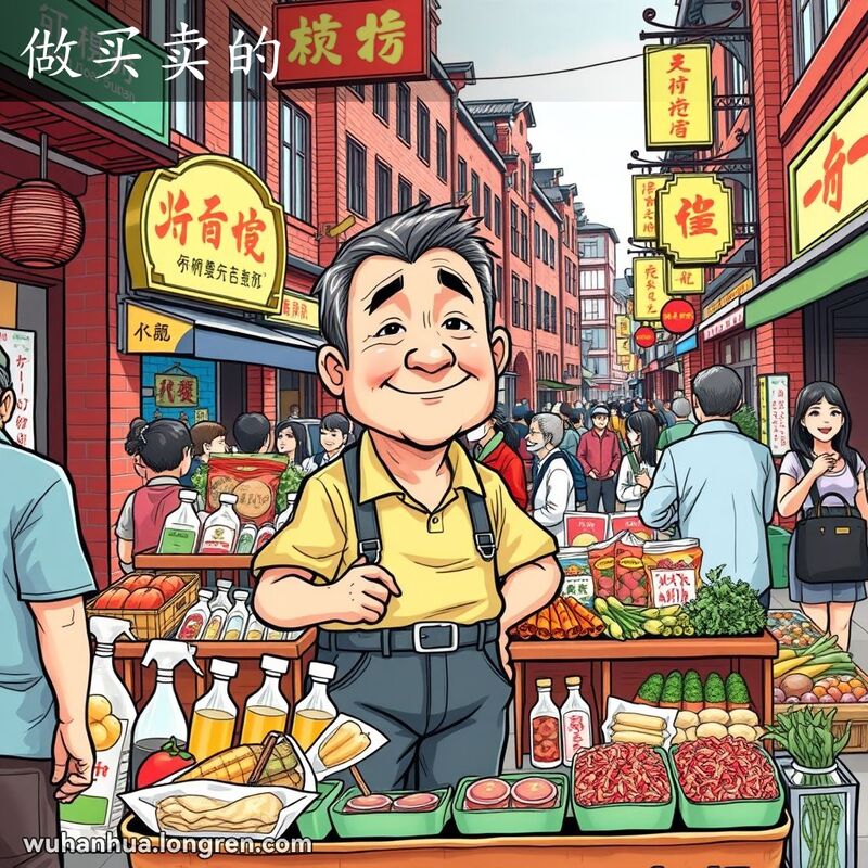 一位武汉市民在市场街道上经营摊位，摊位上摆满各种商品，背景有其他摊贩和顾客