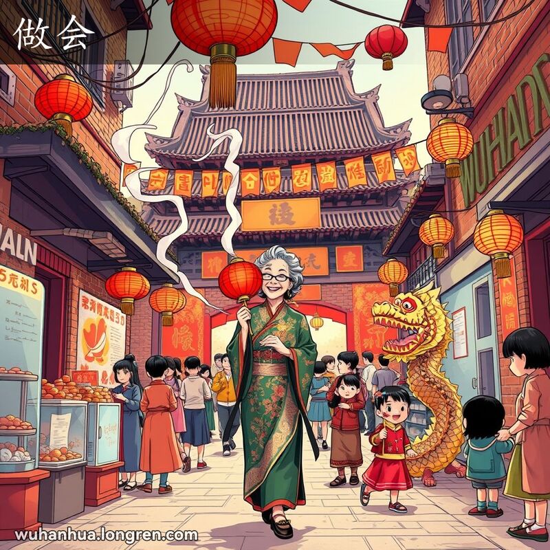 武汉老街上的传统节日场景，中年妇女手持红灯笼走向庙会，周围有小贩、孩子和舞龙表演。