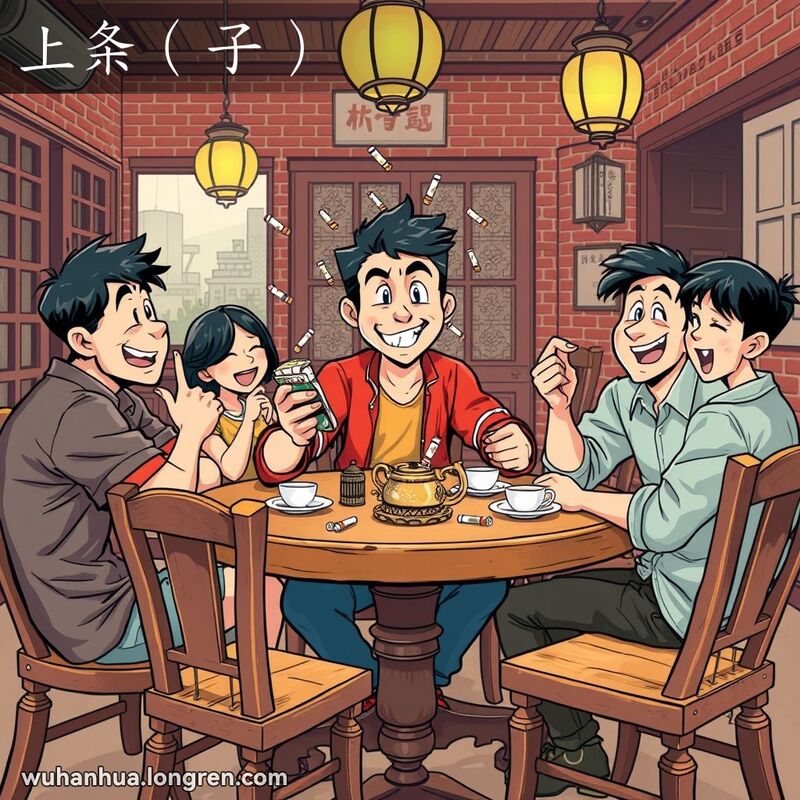 一群朋友在武汉茶馆里，一人散发香烟，其他人欢笑，背景是老街景