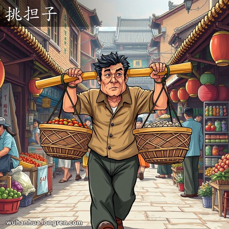 一位武汉男子挑着沉重的担子，穿行在热闹的市场街道上，背景是传统的武汉建筑和繁忙的街头摊贩。