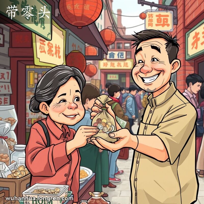 武汉街头市场，一位妇女从小贩手中接过一袋零钱，背景是繁忙的市场摊位和红砖墙。