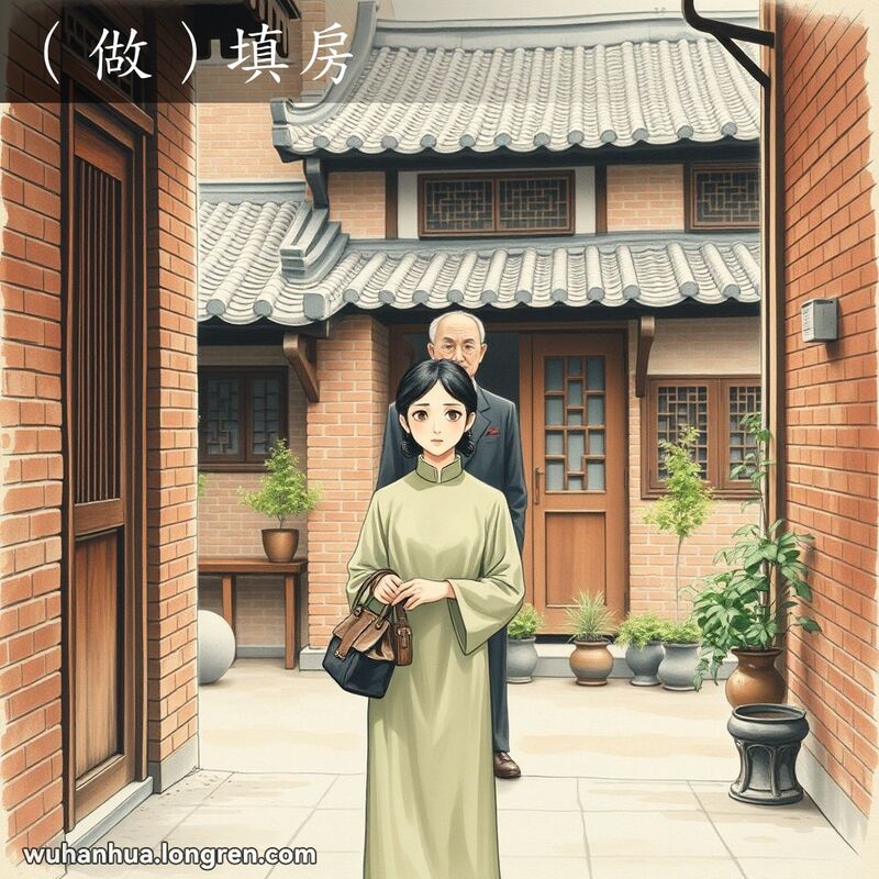 一位年轻女子身穿旗袍，手持包裹，站在武汉院落前，父亲在后，背景是宁静的院落和老式房屋。