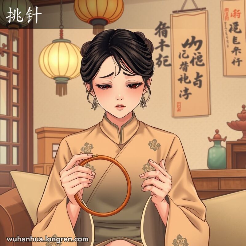 一位武汉女子坐在老式客厅中，手持刺绣框，面露“挑针”的疼痛表情，背景有传统中国装饰。