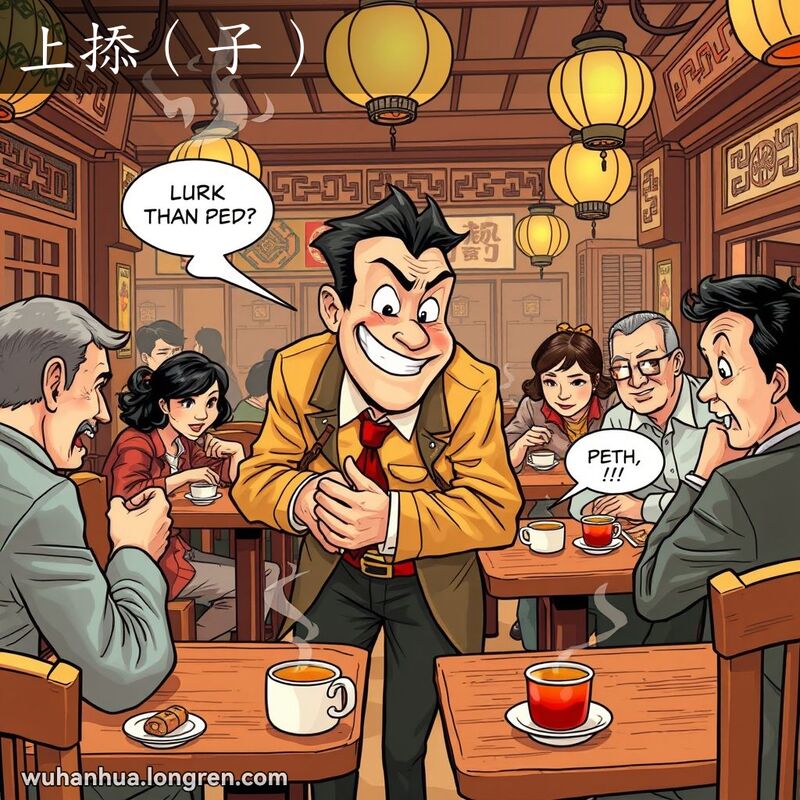 一位武汉男子在茶馆中凑近另一位客人耳边低语，神情狡黠，背景是武汉茶馆场景