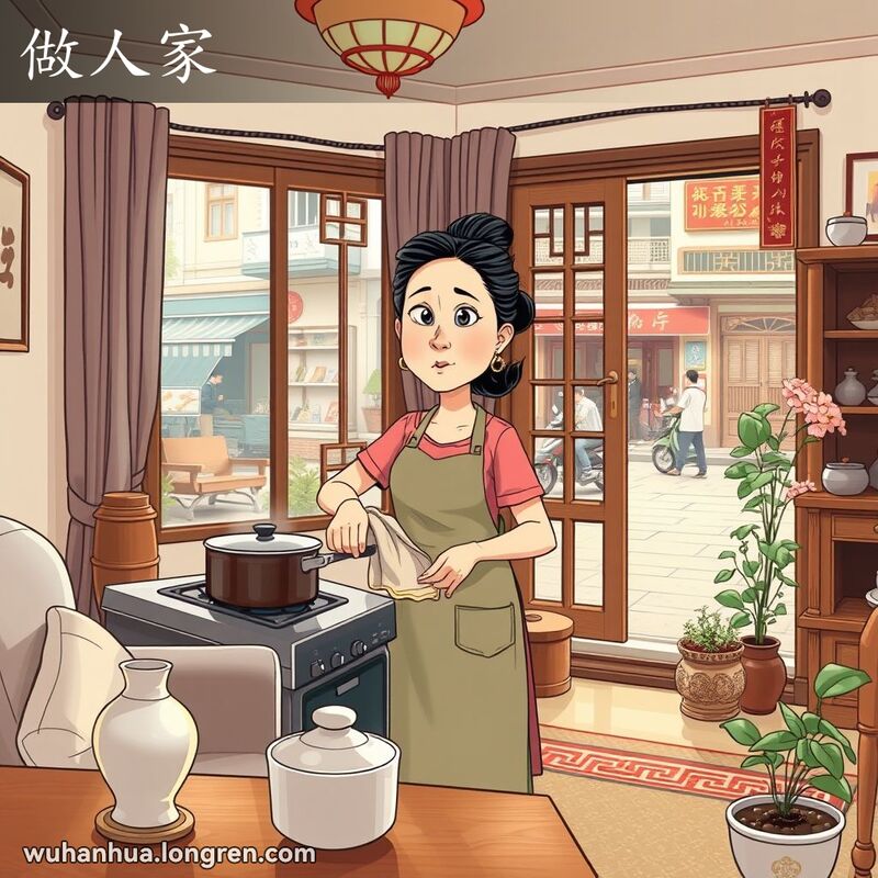 一位武汉妇女在家中忙碌，厨房做饭，客厅打扫，背景是武汉家庭装饰