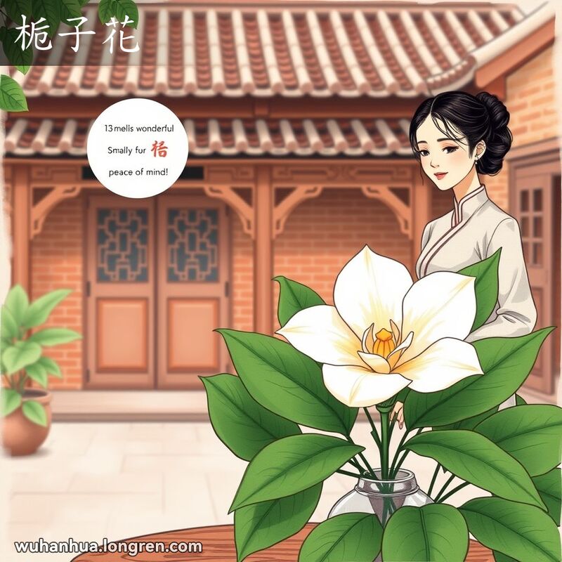 一朵盛开的栀子花放置在木桌上的花瓶中，背景是武汉传统庭院，一位女子微笑欣赏花朵