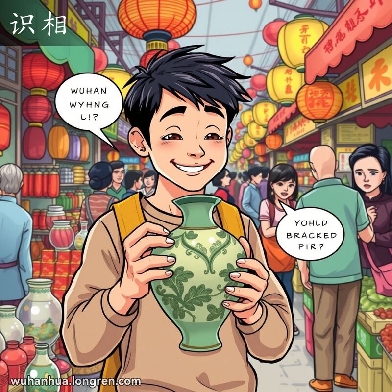 一位武汉年轻人在市场中手持花瓶，露出满意的笑容，背景是繁忙的市场景象