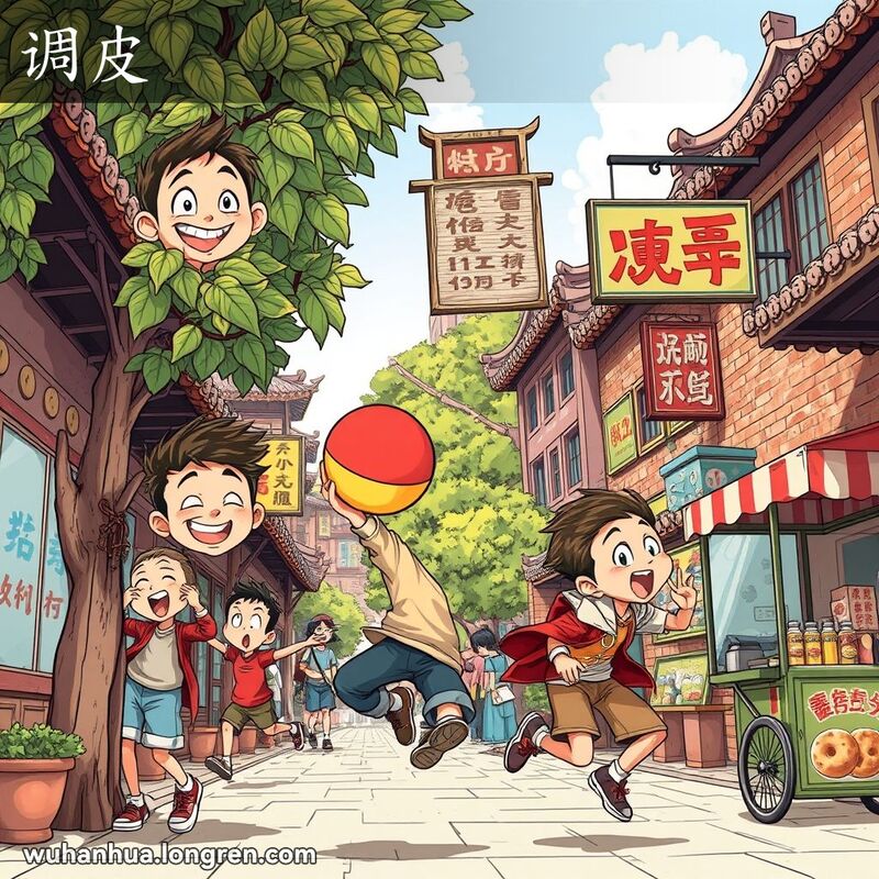 一群武汉街头的孩子们在嬉戏打闹，表现出“调皮”的样子，背景是武汉老街景