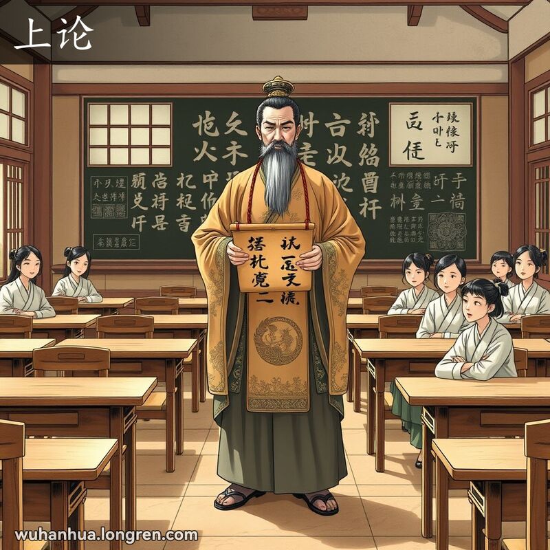 传统中国教室场景，老师手持古籍，学生专注聆听，体现学习和智慧的重要性。