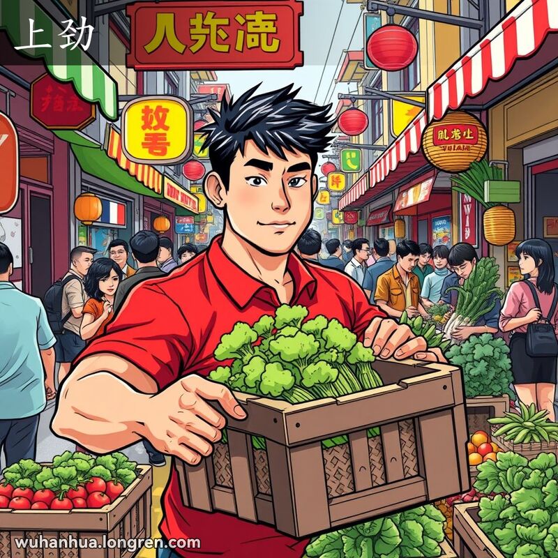 一位武汉年轻人在市场中帮忙卸货，展示出“上劲”的干劲和热情，背景是繁忙的市场景象