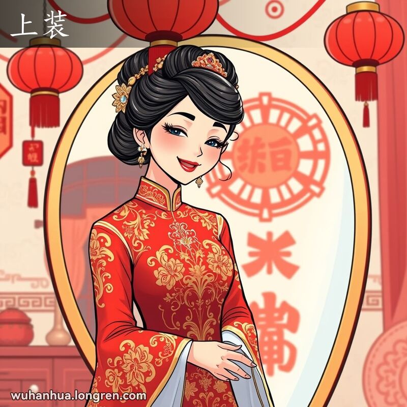 新娘在镜子前欣赏自己的妆容和发型，背景是传统中式婚礼场景