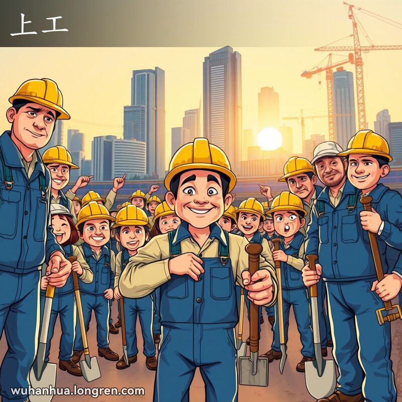 一群穿着蓝色工作服和安全帽的工人站在武汉建筑工地上，手持工具，准备开始一天的工作，背景是初升的太阳和城市天际线。