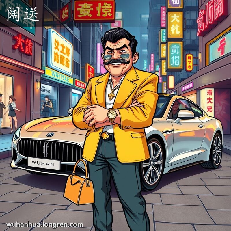 一位武汉富人站在豪华汽车前，手持名牌包，戴着金表，背景是繁华的城市街道和高档商店，展示“阔送”的表情