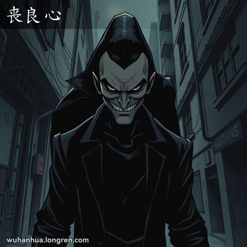 一个人在武汉阴暗小巷中露出阴险笑容，背景是破旧建筑，表现“丧良心”的冷酷无情。