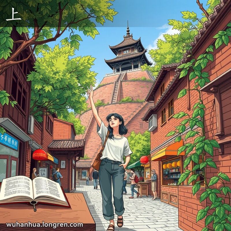 武汉街道场景，年轻女子站在山丘脚下指向山顶的小庙，背景有绿植和中式建筑，桌上有书，墙上挂钥匙。