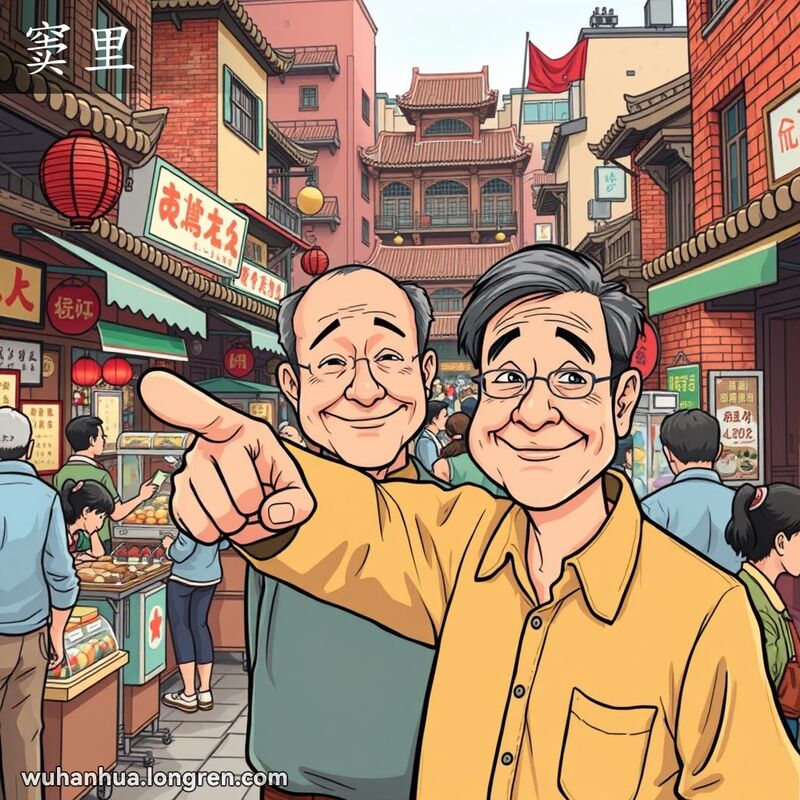 一位中年男子在武汉街市中指向某个特定区域，背景是热闹的市场和传统建筑