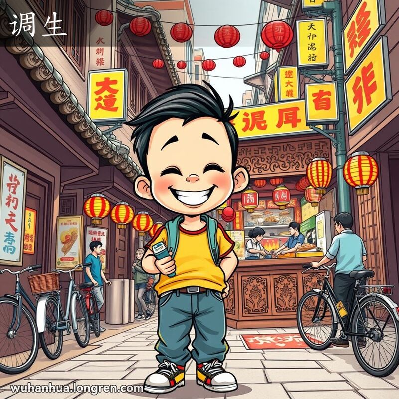 一个调皮的小孩站在武汉小吃摊前，手拿玩具，脸带笑容，背景是热闹的武汉街景