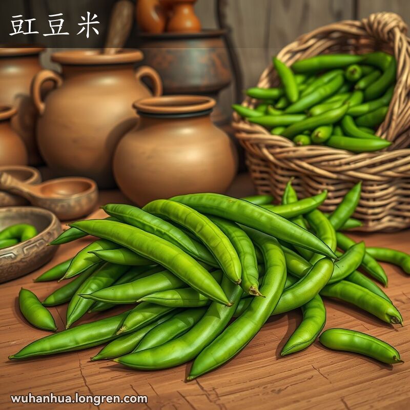 一把新鲜的豇豆米散落在木桌上，背景是乡村厨房，有陶罐和编织篮子