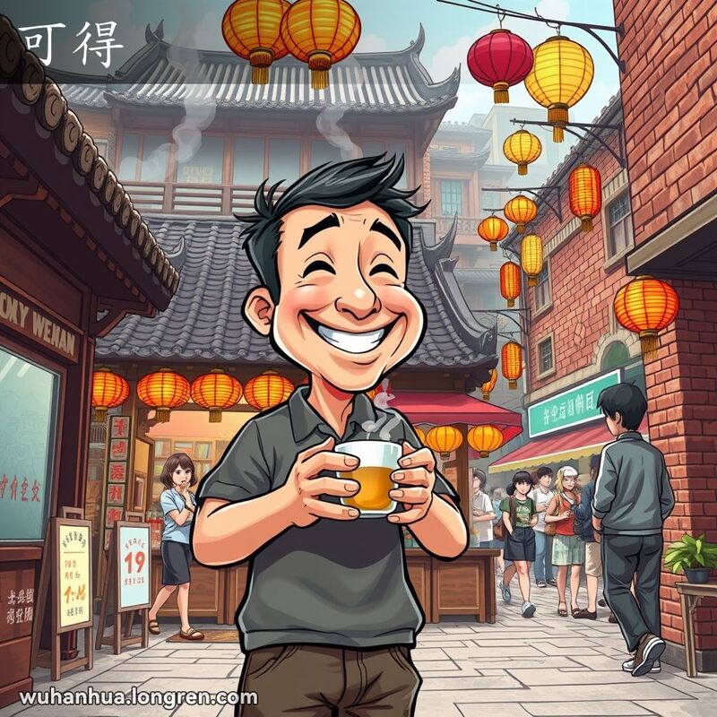 一位中年男子站在武汉老街小店前，手持茶杯，满意地点头，背景是热闹的老街景象。
