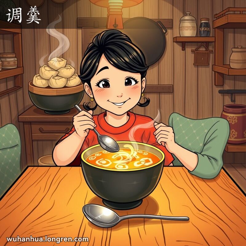 一个温馨的厨房场景，桌子上有一碗汤和一把调羹，一位女士正准备用调羹舀汤。