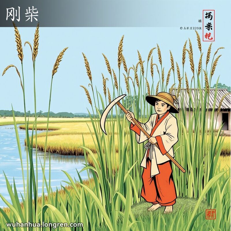 农民在河边收割高大挺拔的芦苇，背景是简朴的农村景象，象征坚韧和顽强。