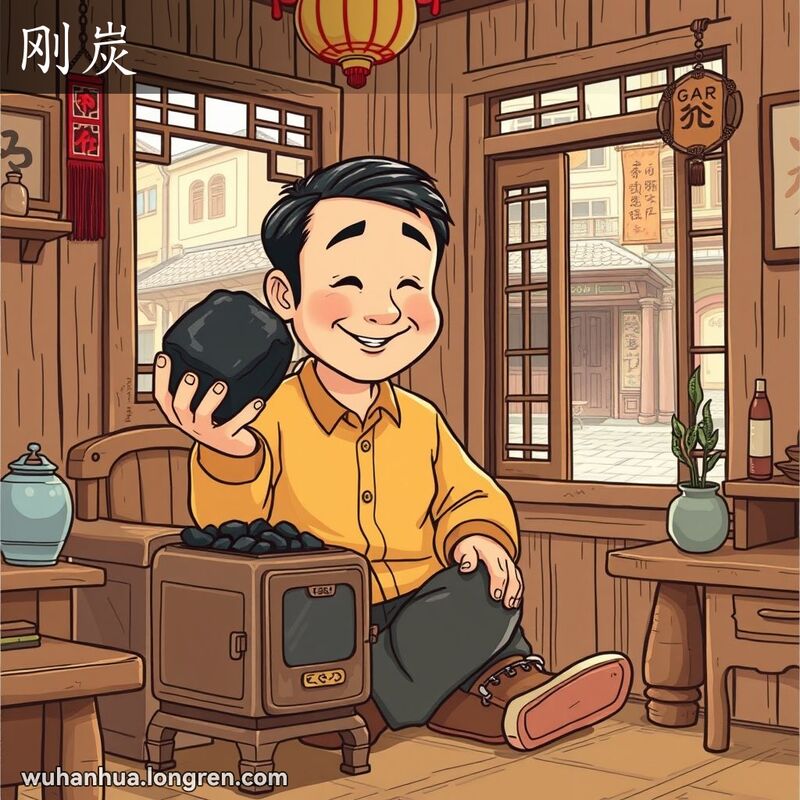 一位中年男子坐在传统武汉家庭的小炉旁，手持一块坚硬、闪亮的黑炭，满意地仔细端详，背景是温馨的老式家居，窗外可见武汉老街景