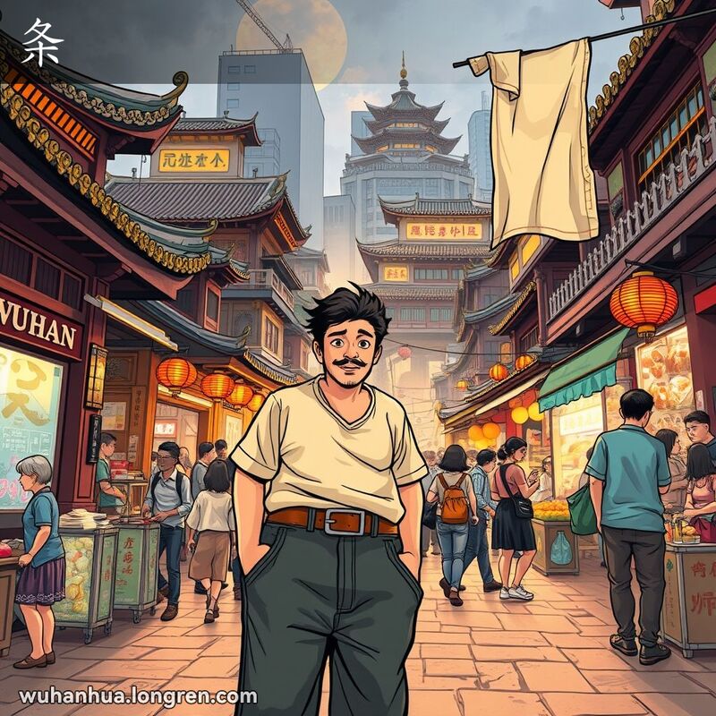 一位武汉市民站在街头，腰带松垮地垂向地面，旁边一块破布在风中飘动，背景是武汉的老街景