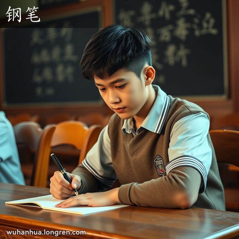 一位武汉学生在老式教室中用钢笔蘸墨水写字，背景有木桌和黑板