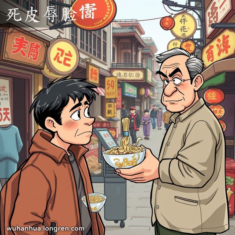 一位武汉年轻人在街边摊前讨价还价，脸上带着死皮辱脸的表情，背景是武汉老街景
