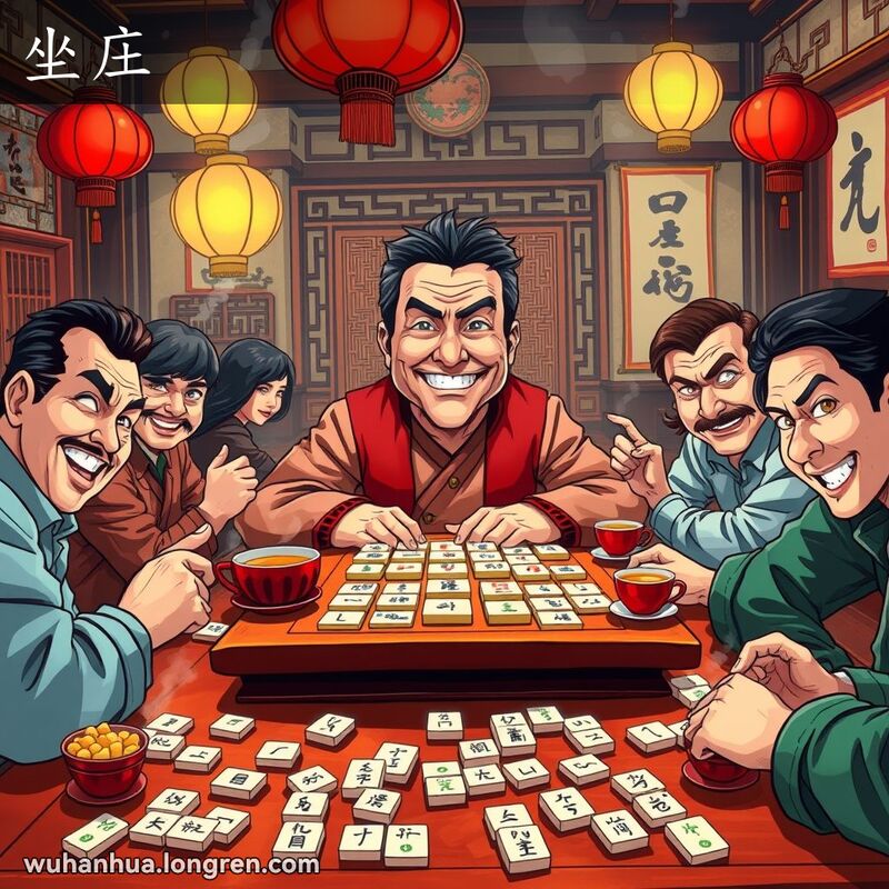 一位中年男子在武汉茶馆的麻将桌前坐庄，周围是其他玩家，桌上铺满麻将牌和小吃