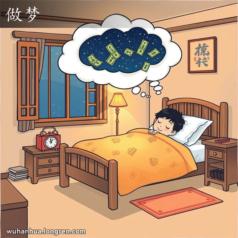 一个人在卧室中睡觉，头顶梦境云朵显示轻松数钱的场景，象征做梦的不切实际愿望。