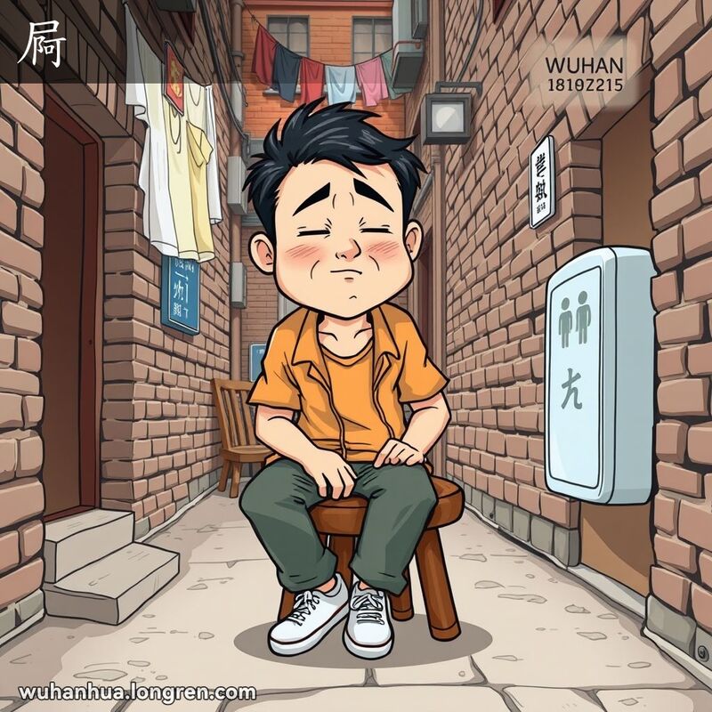 一位武汉男子坐在老巷子里的木凳上，刚刚如厕后露出轻松的表情，背景是武汉老街景
