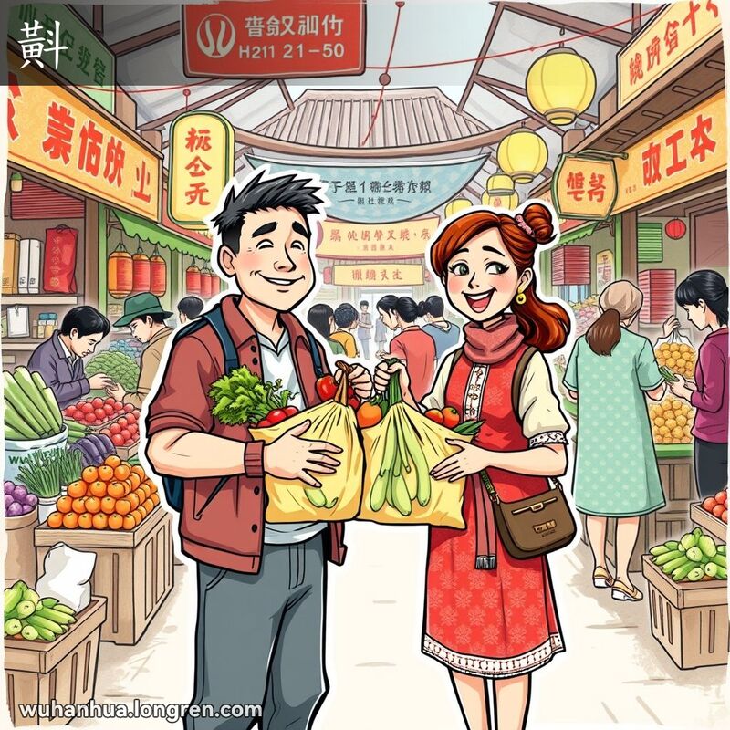 两位武汉市民在市场中互换袋子，背景是热闹的市场场景
