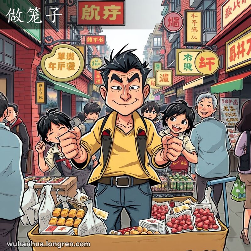 武汉市场上，商贩和雇来的“托儿”假装争抢商品，制造假象诱惑顾客上钩，背景是热闹的市场景象