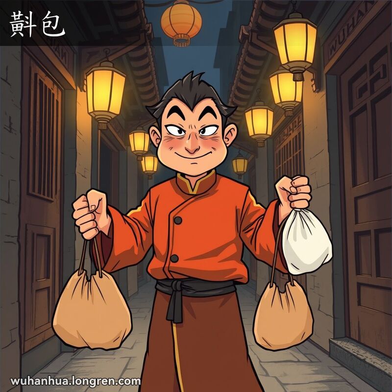 一位穿着传统中式服装的男子在武汉巷子里调换两个包，背景是武汉老街景